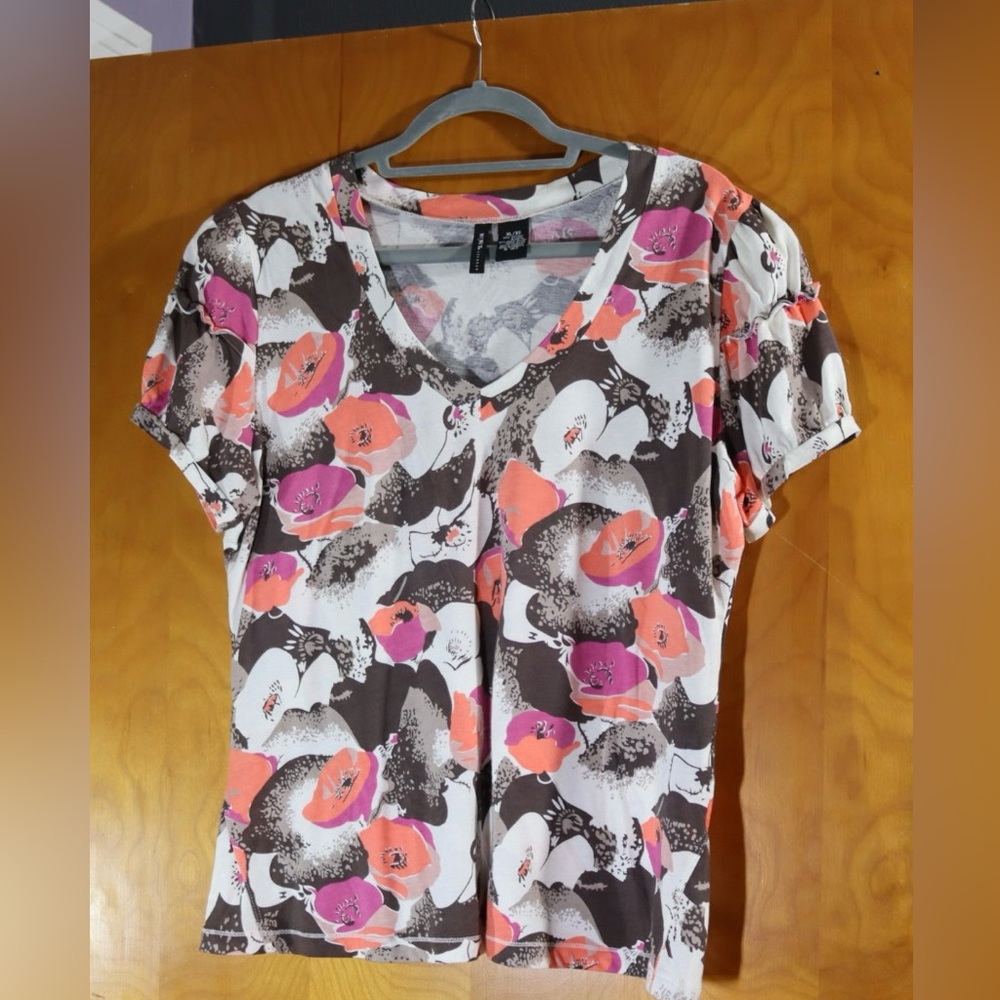 Cute orange, pink, cream, brown top with ruffle on sleeve, size XL